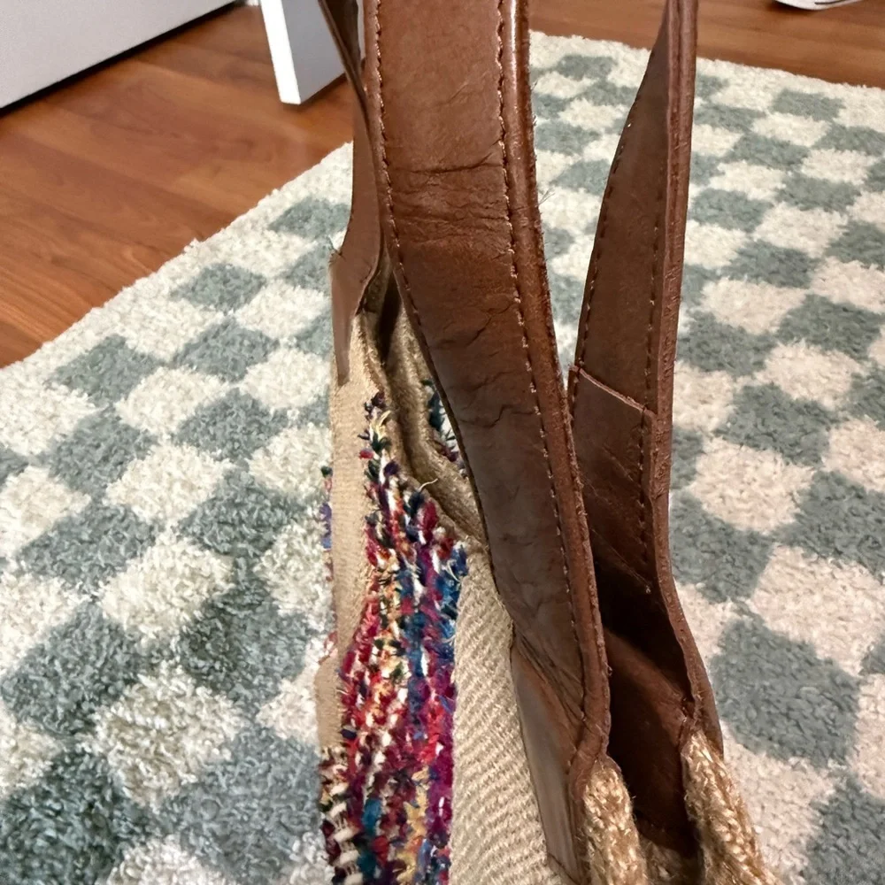 Woven Multicolor Jute Tote Bag Brown Leather Handles Summer Boho Hippie Purse